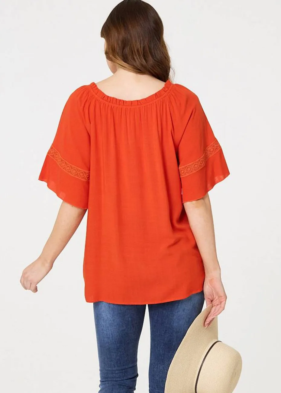 Izabel London Orange Lace Trim Bardot Tie Neck 1/2 Sleeve Blouse