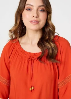 Izabel London Orange Lace Trim Bardot Tie Neck 1/2 Sleeve Blouse