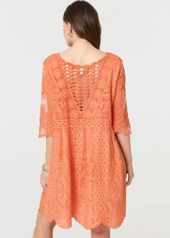 Izabel London Orange Lace Mesh Textured Mini Dress