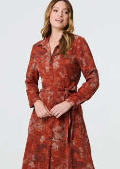 Izabel London Orange Leaf Print Tie Waist Midi Shirt Dress