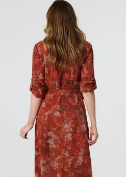 Izabel London Orange Leaf Print Tie Waist Midi Shirt Dress