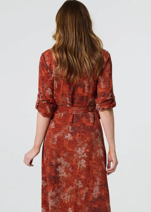 Izabel London Orange Leaf Print Tie Waist Midi Shirt Dress