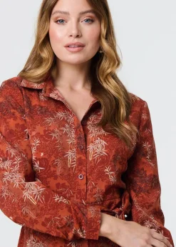 Izabel London Orange Leaf Print Tie Waist Midi Shirt Dress