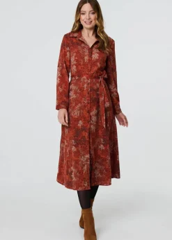 Izabel London Orange Leaf Print Tie Waist Midi Shirt Dress