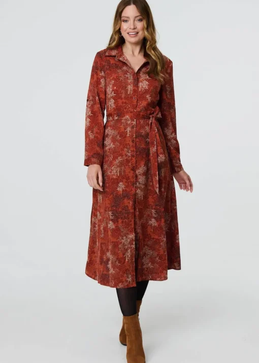 Izabel London Orange Leaf Print Tie Waist Midi Shirt Dress