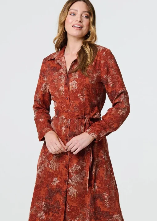 Izabel London Orange Leaf Print Tie Waist Midi Shirt Dress