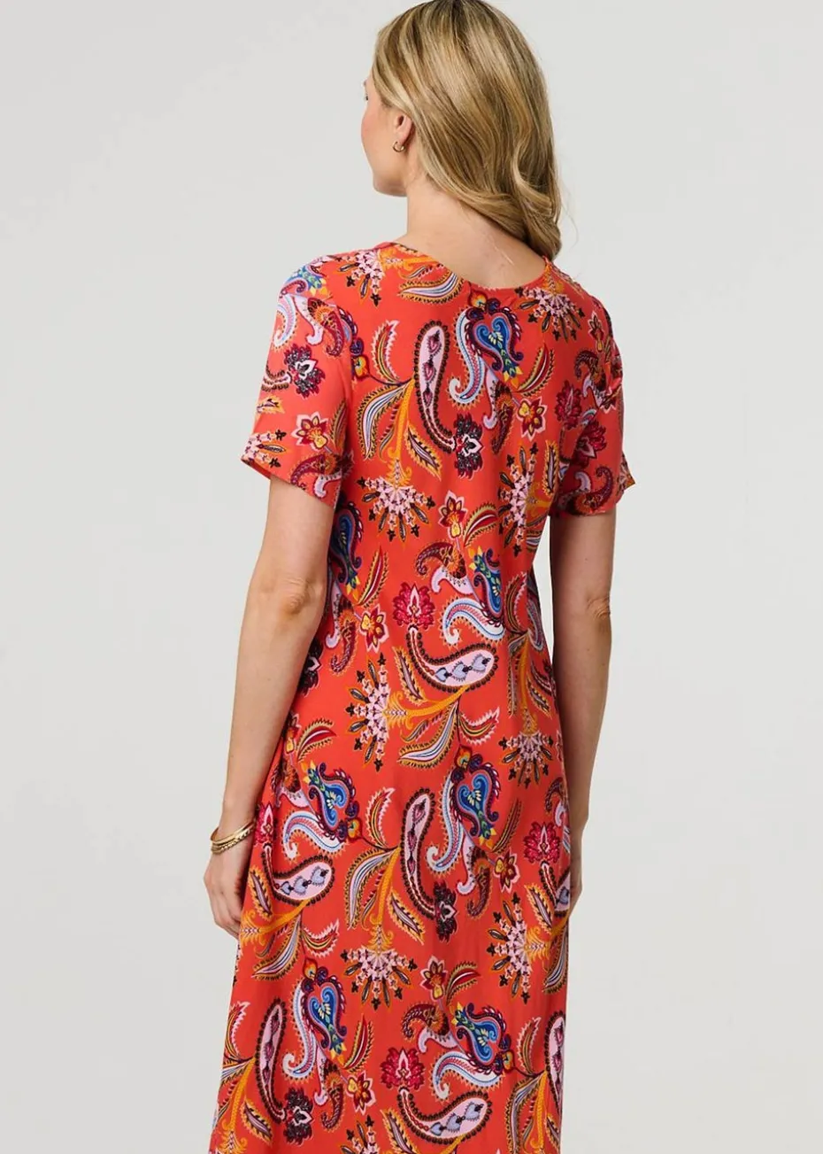 Izabel London Orange Paisley Relaxed Short Sleeve Midi Dress