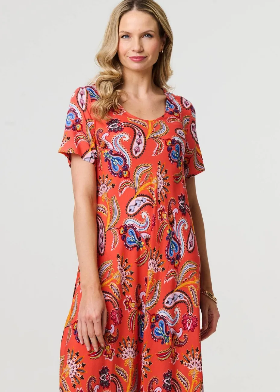 Izabel London Orange Paisley Relaxed Short Sleeve Midi Dress
