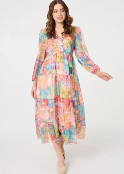 Izabel London Orange Patchwork Print Tiered Empire Midi Dress