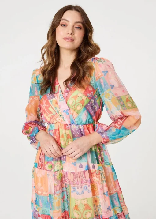 Izabel London Orange Patchwork Print Tiered Empire Midi Dress
