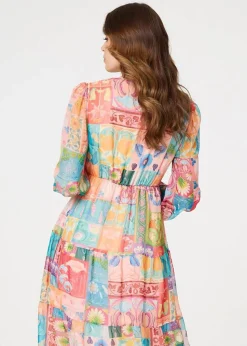 Izabel London Orange Patchwork Print Tiered Empire Midi Dress