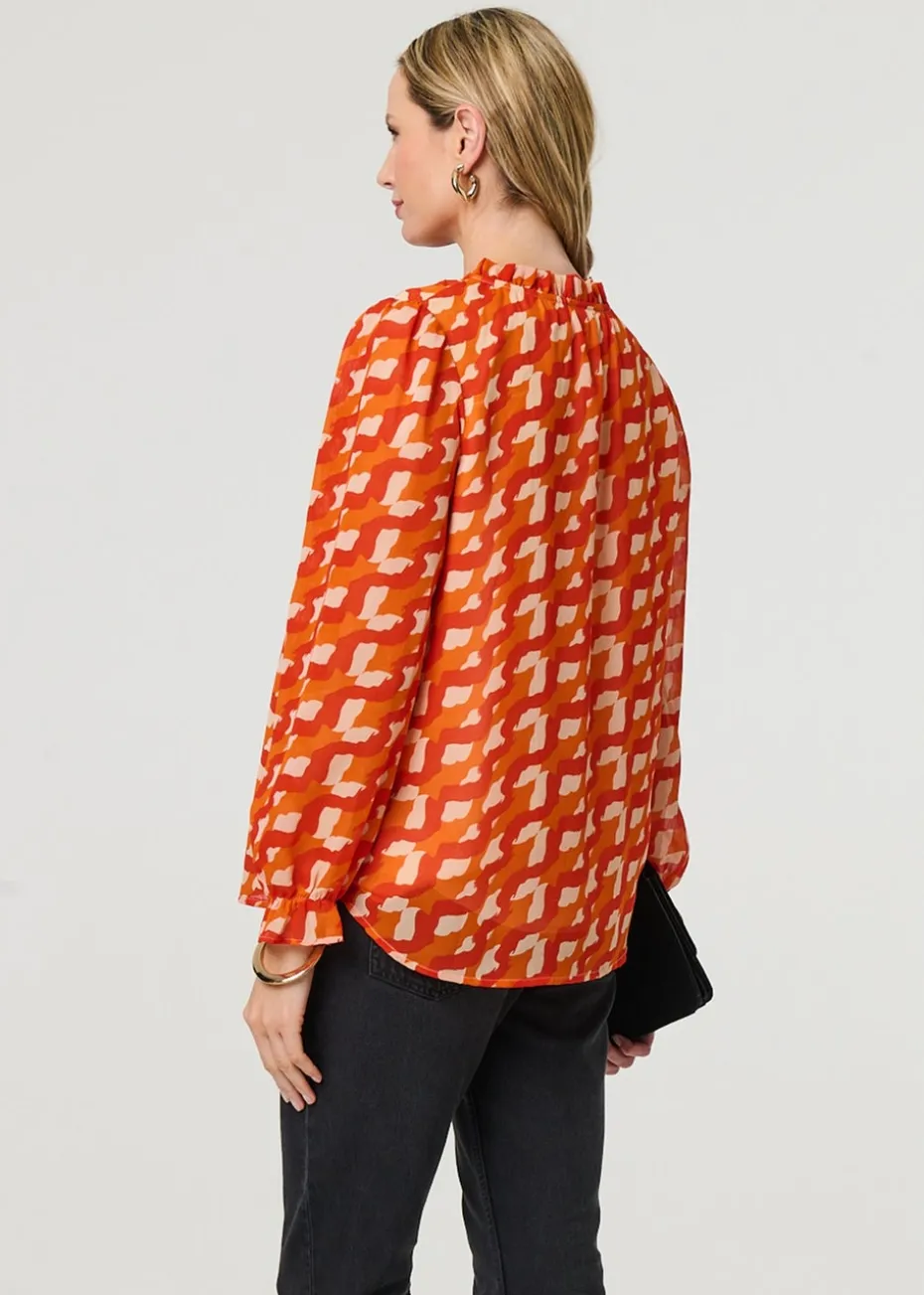 Izabel London Orange Printed Tie Neck Long Sleeve Blouse