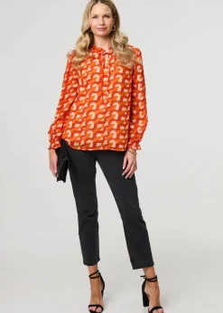 Izabel London Orange Printed Tie Neck Long Sleeve Blouse