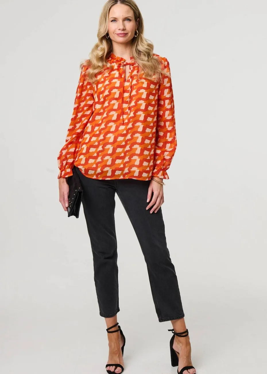 Izabel London Orange Printed Tie Neck Long Sleeve Blouse