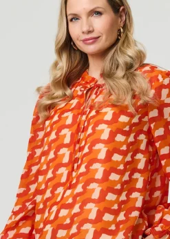 Izabel London Orange Printed Tie Neck Long Sleeve Blouse