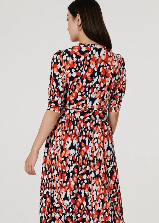 Izabel London Orange Printed V-Neck Midi Wrap Dress