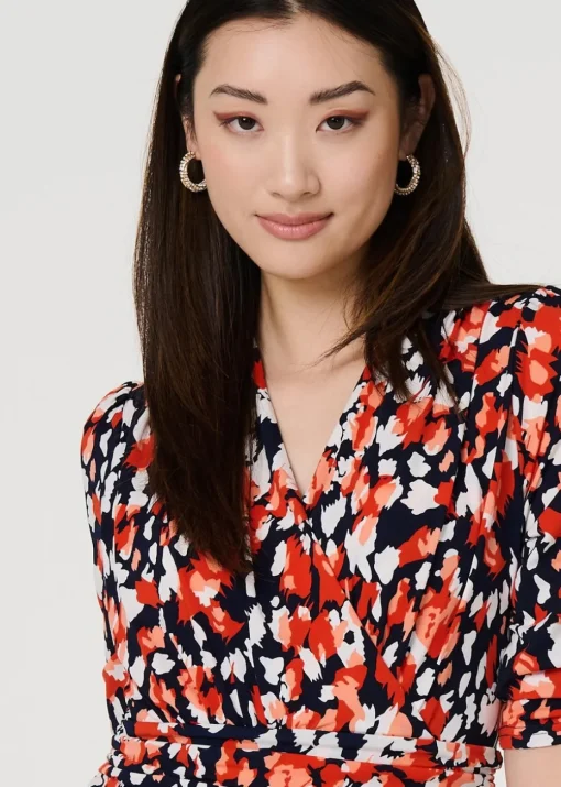 Izabel London Orange Printed V-Neck Midi Wrap Dress