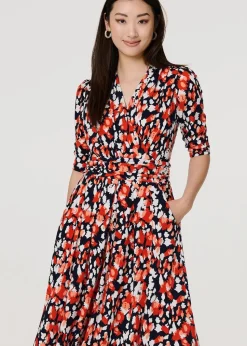 Izabel London Orange Printed V-Neck Midi Wrap Dress