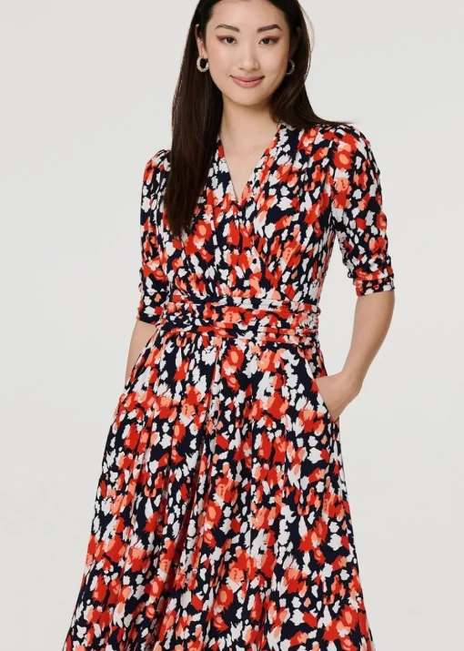 Izabel London Orange Printed V-Neck Midi Wrap Dress