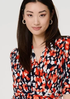 Izabel London Orange Printed V-Neck Midi Wrap Dress