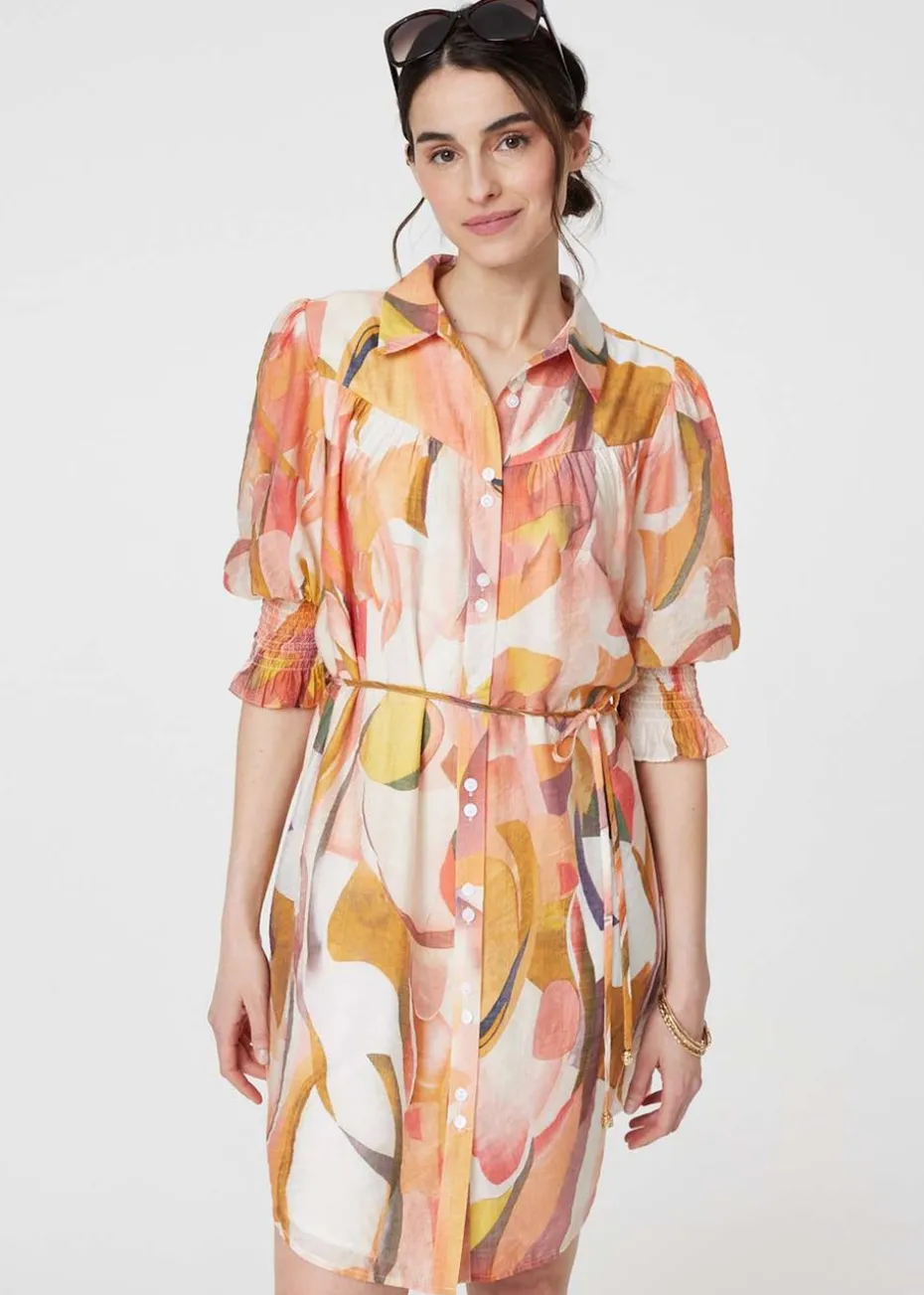 Izabel London Orange Printed 3/4 Puff Sleeve Shirt Dress