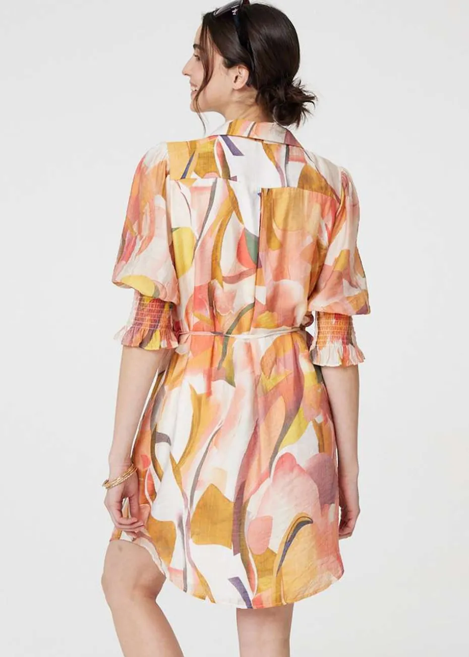 Izabel London Orange Printed 3/4 Puff Sleeve Shirt Dress