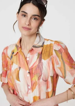 Izabel London Orange Printed 3/4 Puff Sleeve Shirt Dress