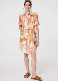 Izabel London Orange Printed 3/4 Puff Sleeve Shirt Dress