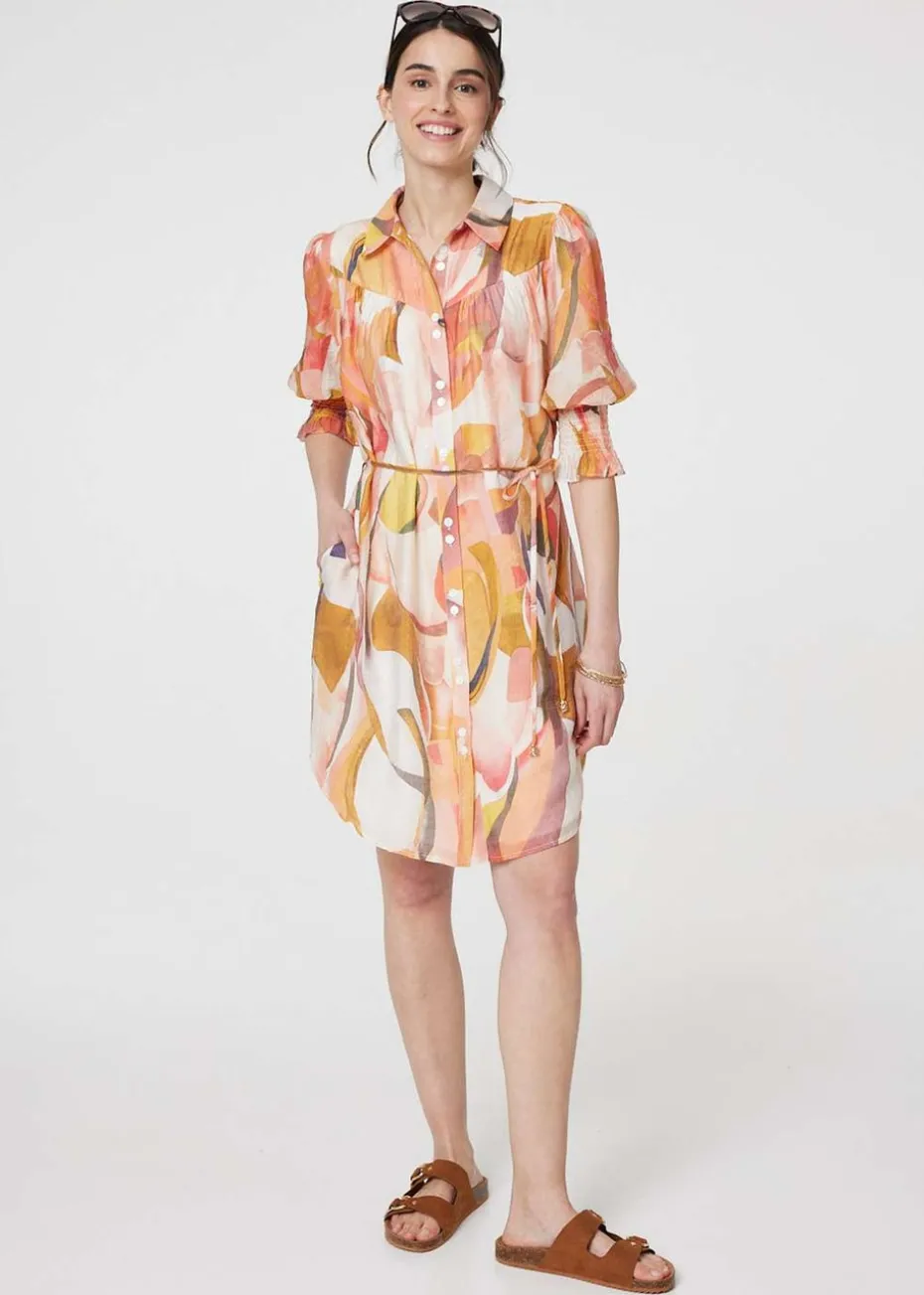 Izabel London Orange Printed 3/4 Puff Sleeve Shirt Dress