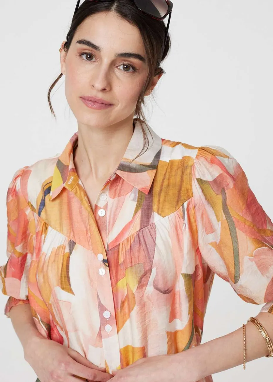 Izabel London Orange Printed 3/4 Puff Sleeve Shirt Dress