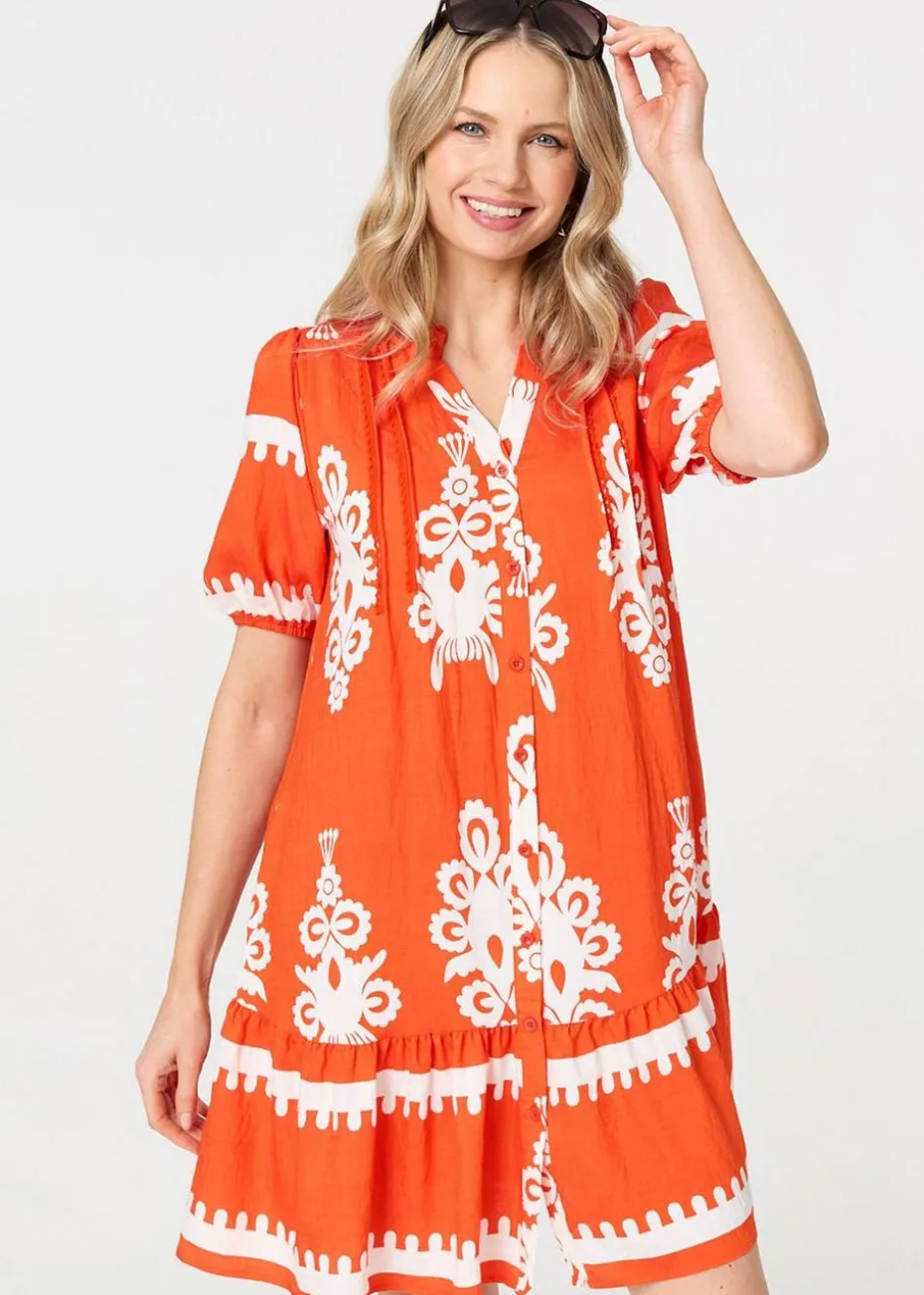 Izabel London Orange Printed Lace Trim Relaxed Short Shirt Dress