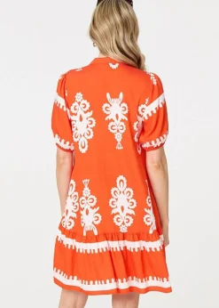 Izabel London Orange Printed Lace Trim Relaxed Short Shirt Dress