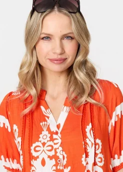 Izabel London Orange Printed Lace Trim Relaxed Short Shirt Dress