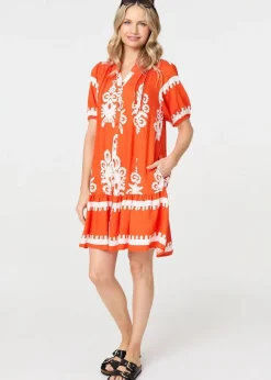 Izabel London Orange Printed Lace Trim Relaxed Short Shirt Dress