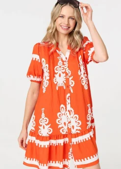 Izabel London Orange Printed Lace Trim Relaxed Short Shirt Dress