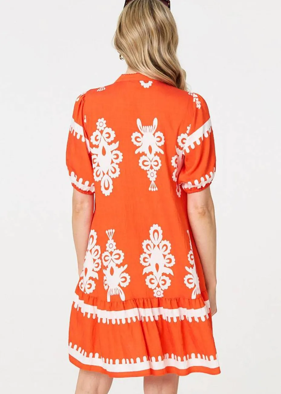 Izabel London Orange Printed Lace Trim Relaxed Short Shirt Dress