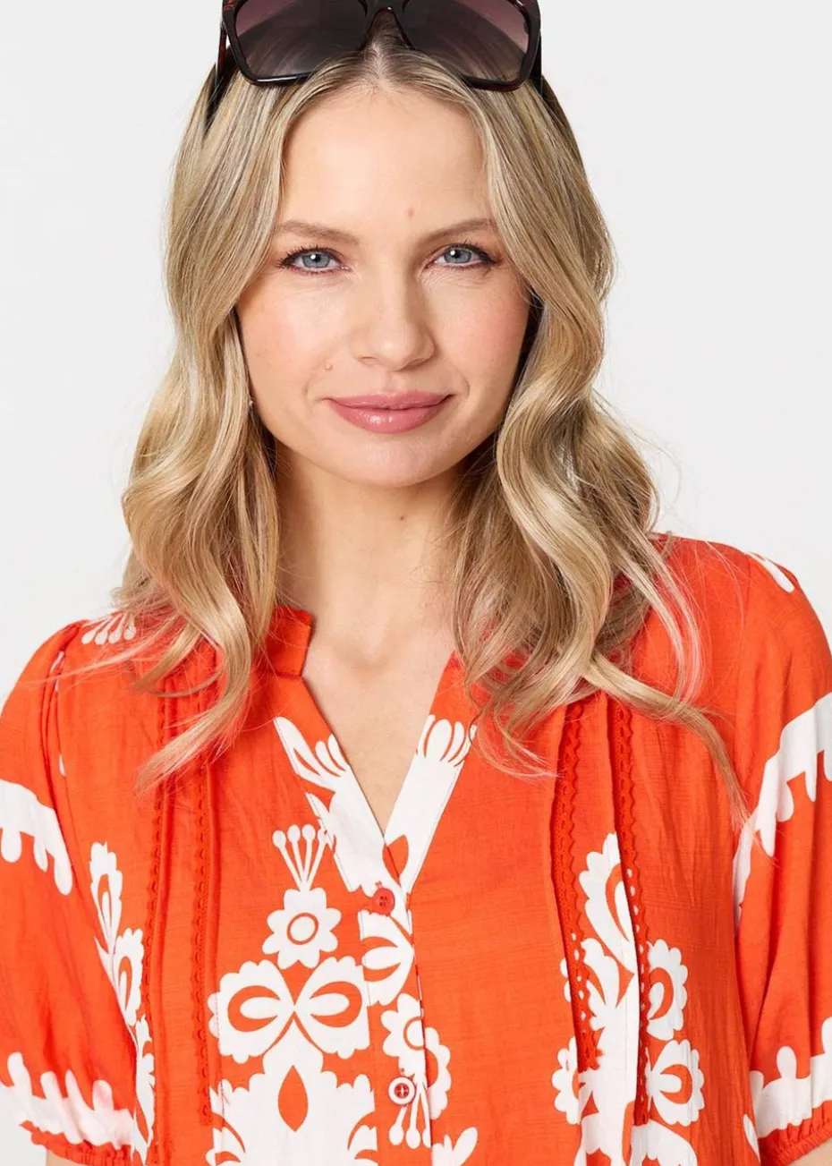 Izabel London Orange Printed Lace Trim Relaxed Short Shirt Dress