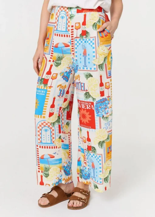 Izabel London Orange Riviera Print Wide Leg Trousers