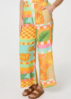 Izabel London Orange Tropical Tile Print Wide Leg Trousers