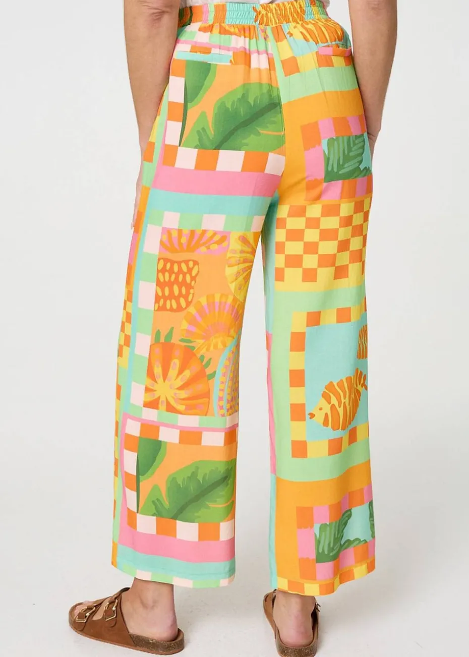 Izabel London Orange Tropical Tile Print Wide Leg Trousers