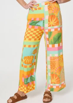 Izabel London Orange Tropical Tile Print Wide Leg Trousers