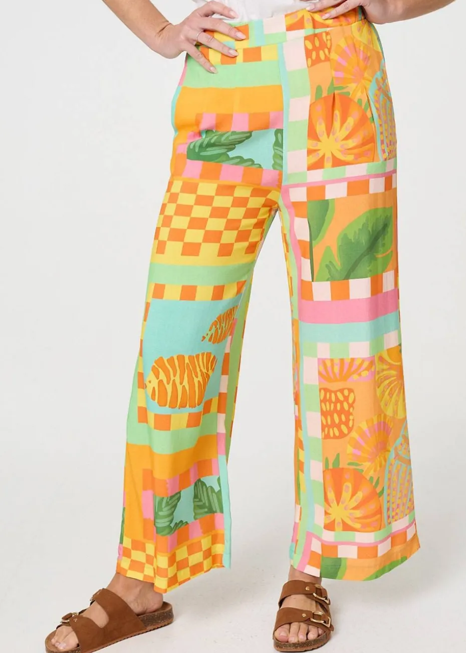 Izabel London Orange Tropical Tile Print Wide Leg Trousers