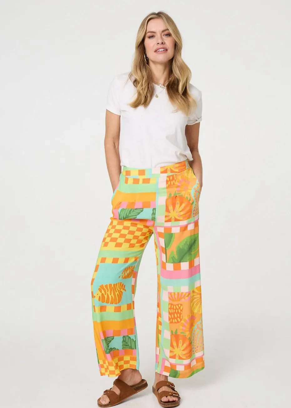Izabel London Orange Tropical Tile Print Wide Leg Trousers