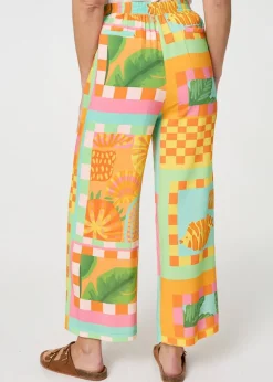 Izabel London Orange Tropical Tile Print Wide Leg Trousers