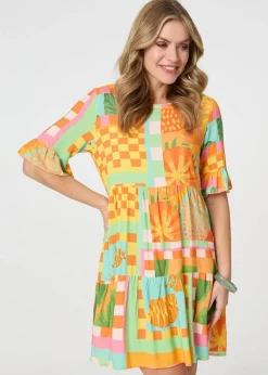 Izabel London Orange Tropical Tile Print Smock Dress