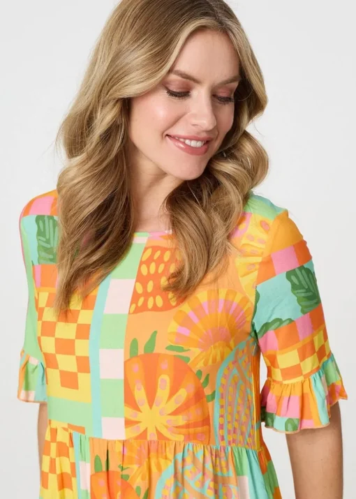 Izabel London Orange Tropical Tile Print Smock Dress