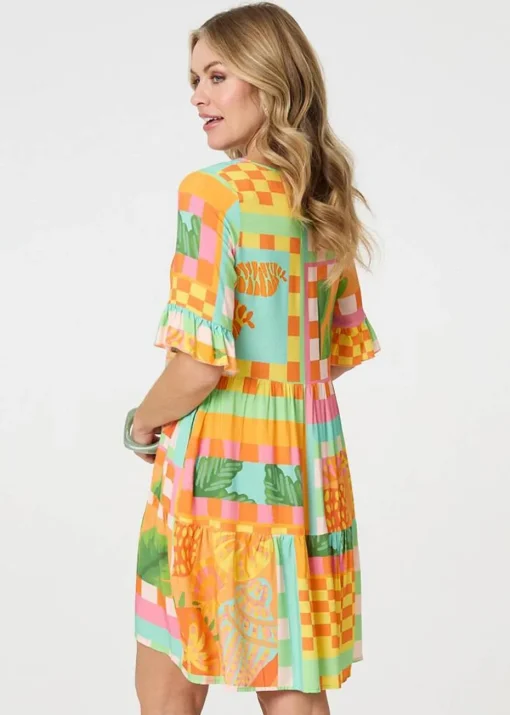 Izabel London Orange Tropical Tile Print Smock Dress