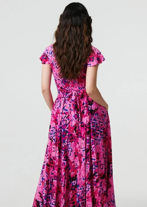 Izabel London Pink Abstract Ruched Waist Cap Sleeve Maxi Dress