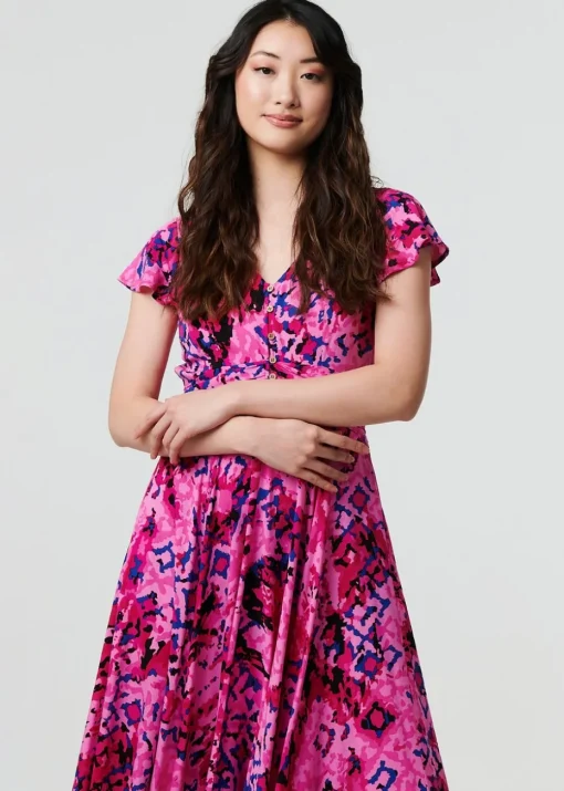 Izabel London Pink Abstract Ruched Waist Cap Sleeve Maxi Dress