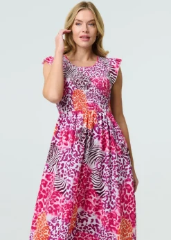 Izabel London Pink Animal Print Cap Sleeve Smocked Midi Dress